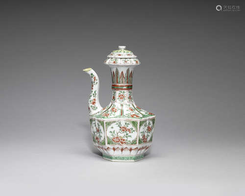 A Chinese famille verte wine ewer and cover.  Kangxi Period