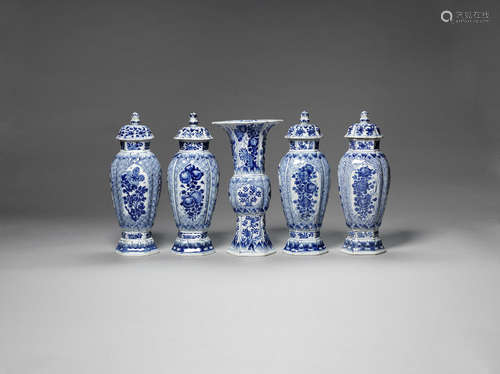 A five-piece blue and white part-garniture.  Kangxi