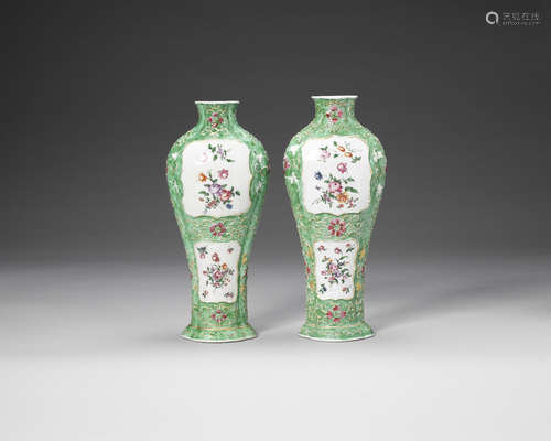 A pair of famille rose quatre-lobed baluster vases.  Qianlong