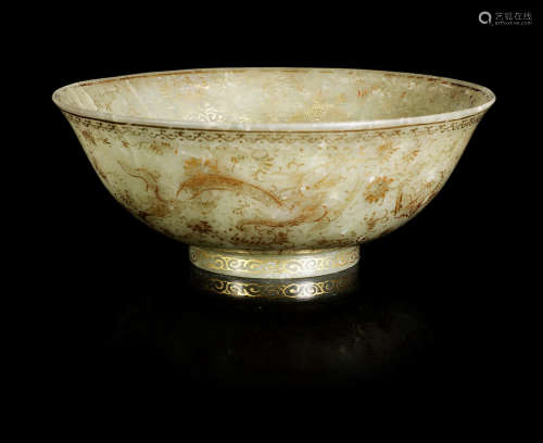 A gilt-decorated bowenite bowl.  Qianlong four-character mark and probably of the period