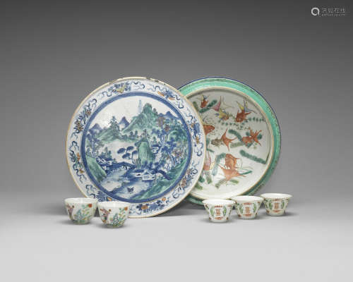 An unusual underglaze blue and famille rose circular box and cover.  Qianlong four-character mark, 19th or 20th century