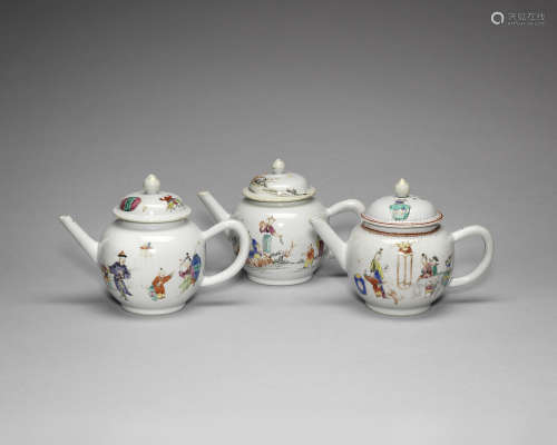 Three famille rose teapots and covers.  Qianlong
