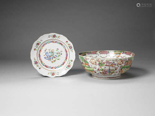 A famille rose 'Hunting Scene' punch bowl.  Qianlong