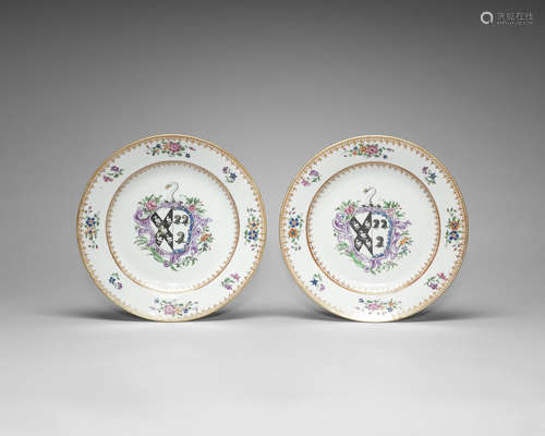 A pair of famille rose armorial plates.  Qianlong, c.1750