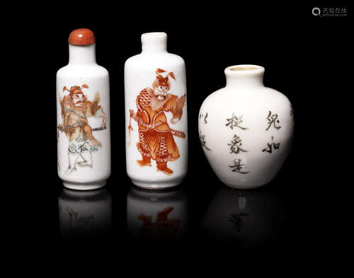 Three porcelain snuff bottles.  Late Qing Dynasty and later