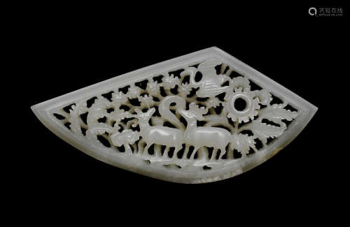 A white jade reticulated fan-shaped plaque.  17th/18th century