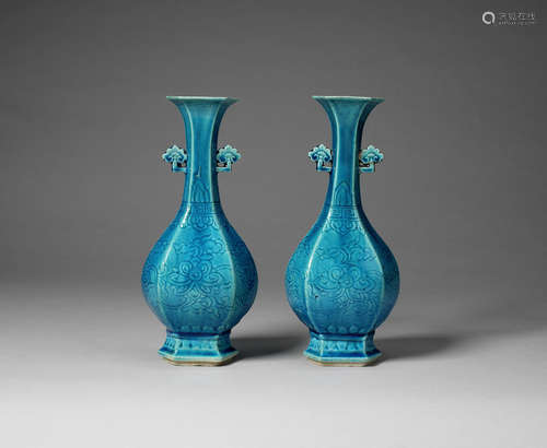 A pair of turquoise-glazed hexagonal bottle vases.  Kangxi