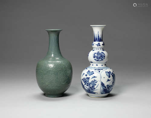 A blue and white triple-gourd vase and a celadon 'lotus' bottle vase.  Kangxi and 18th century