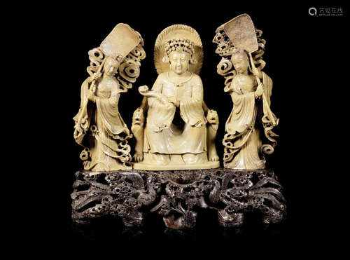 A massive soapstone figural group of Tian Hou.  Late 20th century