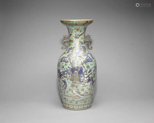 A celadon-ground blue and white and famille rose baluster vase.  19th century