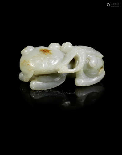 A grey and russet jade 'cat and dragonfly' group.  Late Ming Dynasty