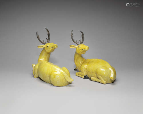 A pair of yellow-glazed deer.  20th century