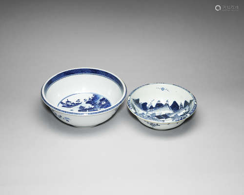 Two blue and white export punch bowls.  Qianlong