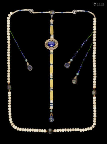 A bone, lapis lazuli and enamelled copper Mandarin's necklace.  Late Qing Dynasty