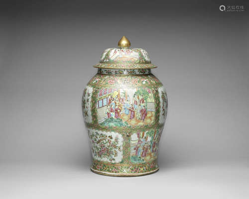 A large Canton famille rose baluster jar and cover.  19th century