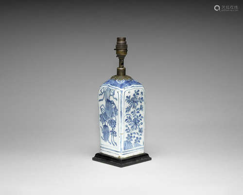 A blue and white rectangular tea caddy.  The porcelain Wanli, the fittings 20th century