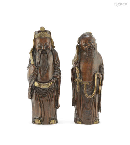 Two parcel-gilt bamboo figures of Daoist Immortals.  20th century