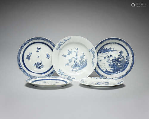 Six blue and white chargers.  Qianlong