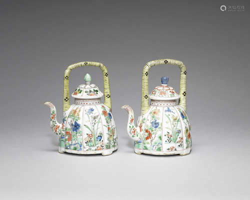 Two similar famille verte teapots and covers.  Kangxi