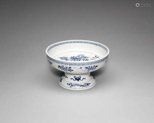 An unusual blue and white stem dish.  18th century