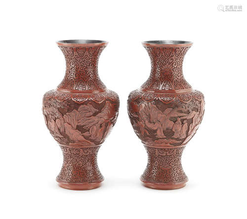 A pair of cinnabar lacquer baluster vases.  19th/20th century