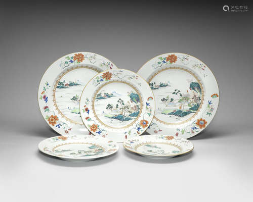 Six famille rose dishes en suite.  Qianlong