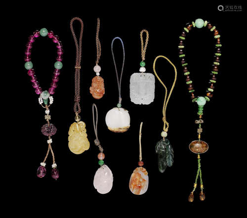 A group of hardstone pendants and rosary beads.  Late Qing Dynasty