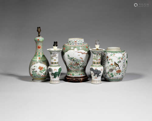 A group of famille verte and rose-verte wares.  19th/20th century