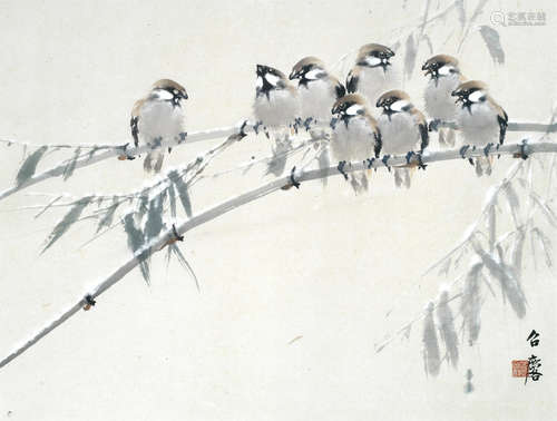 Fang Zhaoling (1914-2006).  Eight birds perched on bamboo