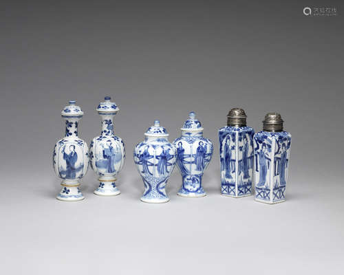 Three pairs of blue and white 'ladies' small vessels.  Kangxi