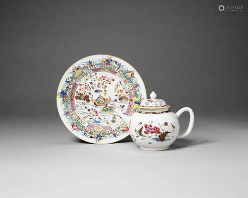 A famille rose teapot and a famille rose plate.  Qianlong