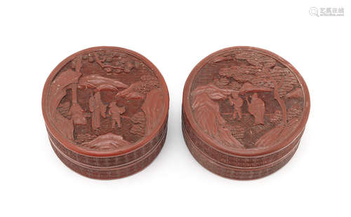 Two cinnabar lacquer circular boxes and covers.  18th century