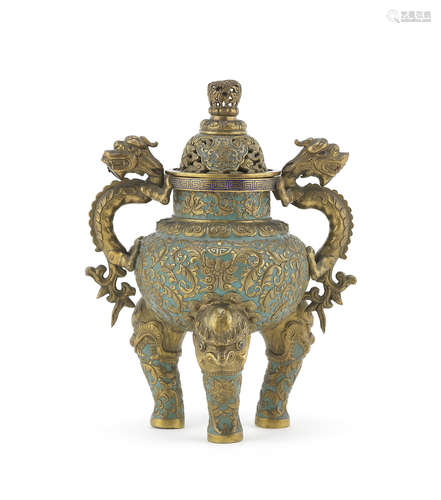 A champlevé enamelled incense burner and cover.  18th/19th century