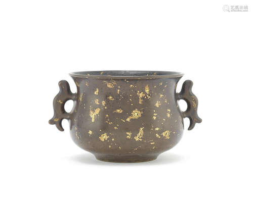 A gold-splashed bronze incense burner.  Xuande six-character mark, Qing Dynasty