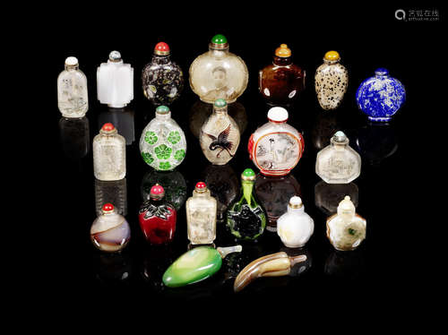 A large group of hardstone, glass and inside painted snuff bottles.  Qing Dynasty and later