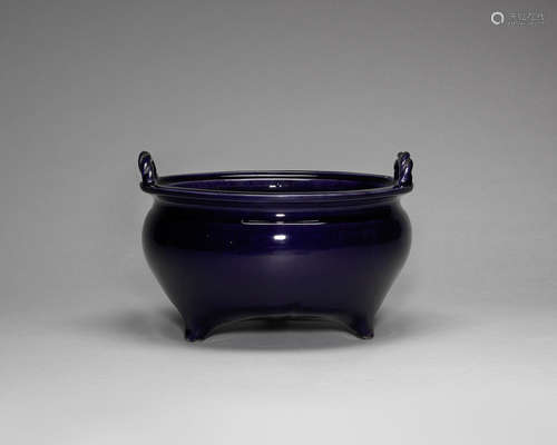 An aubergine-glazed tripod incense burner.  Kangxi