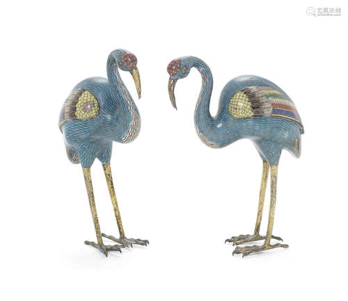 A pair of cloisonné enamel models of cranes.  19th century