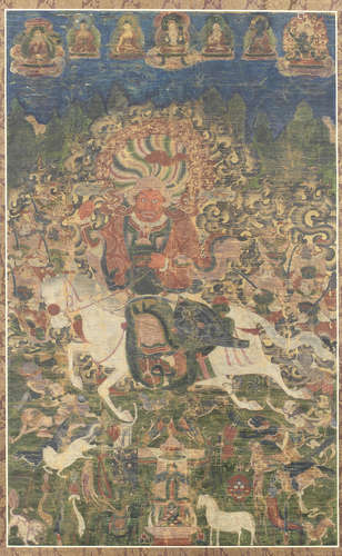 A Chinese thangka of a Dralha.  19th century