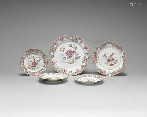 A group of seven famille rose dishes.  Yongzheng/Qianlong