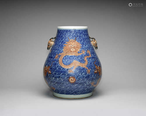 A blue and white and iron-red decorated 'dragon' vase, hu