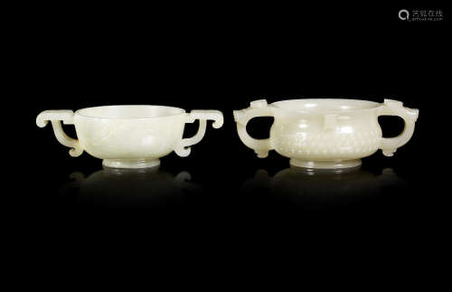 Two archaistic green jade handled cups.  Qing Dynasty or earlier