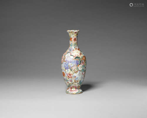 A famille rose 'millefleurs' baluster vase.  Qianlong six-character seal mark, 20th century