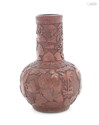 A moulded cinnabar lacquer bottle vase.  Qing Dynasty