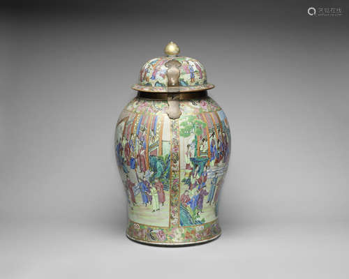 A large Canton famille rose baluster jar and cover.  19th century