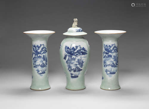 A blue and white, celadon ground three-piece garniture.  18th century