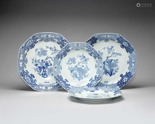 Two pairs of octagonal blue and white dishes.  Qianlong