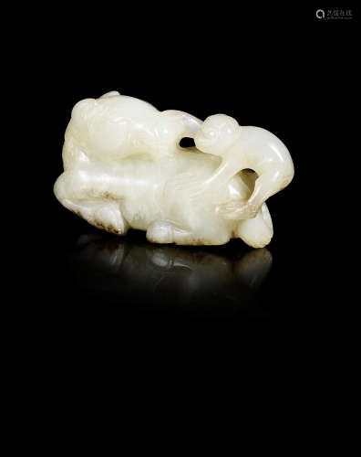 A pale green jade carving of a horse and monkey.  17th century