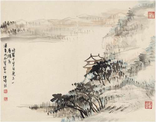 陆维钊（1899～1980） 江岸楼阁图