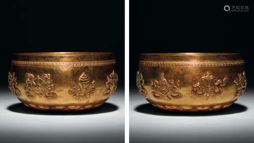 清中期 铜鎏金八吉祥纹钵