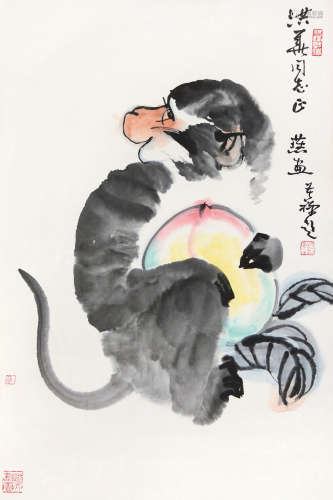 李燕 灵猴献寿 镜片 设色纸本